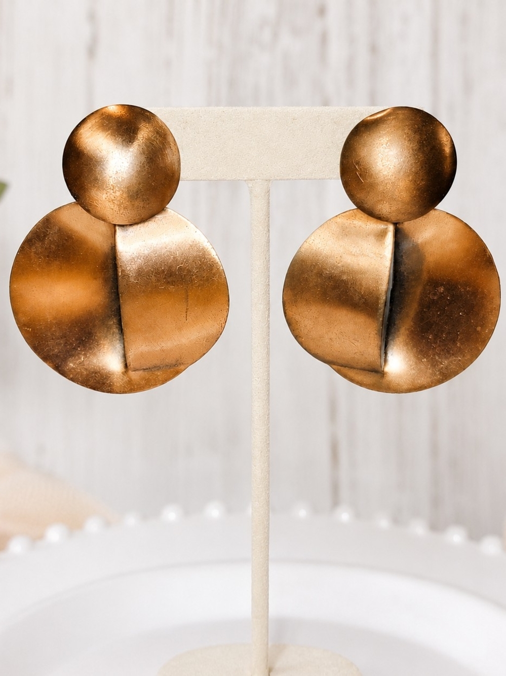 Vintage Copper Dangle Earrings Geometric Round Disc Statement Earrings Mixed Met